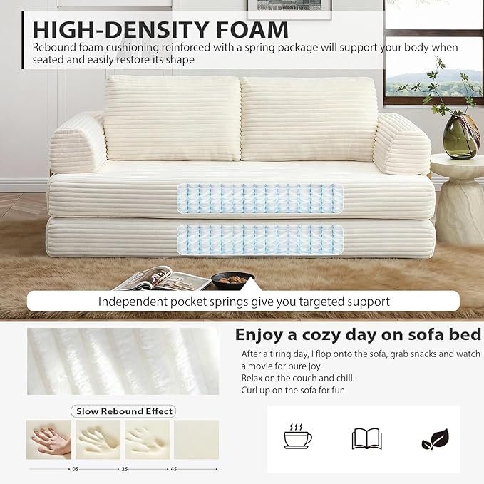HANXIN 80 Inch Convertible Sleeper Sofa Bed, High Back Plush Corduroy Folding - Image 4
