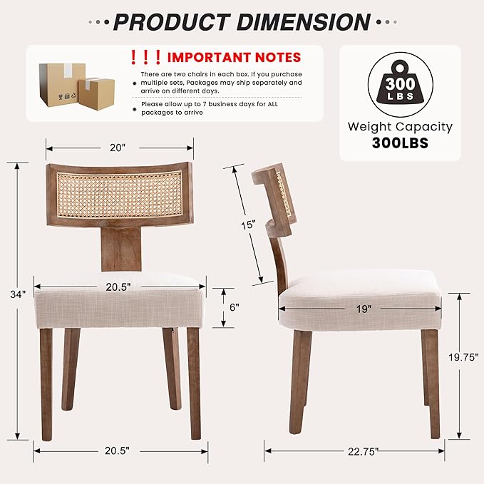 HNY Mid Century Modern Rattan Dining Chairs Set of 2, Farmhouse Linen - Image 2