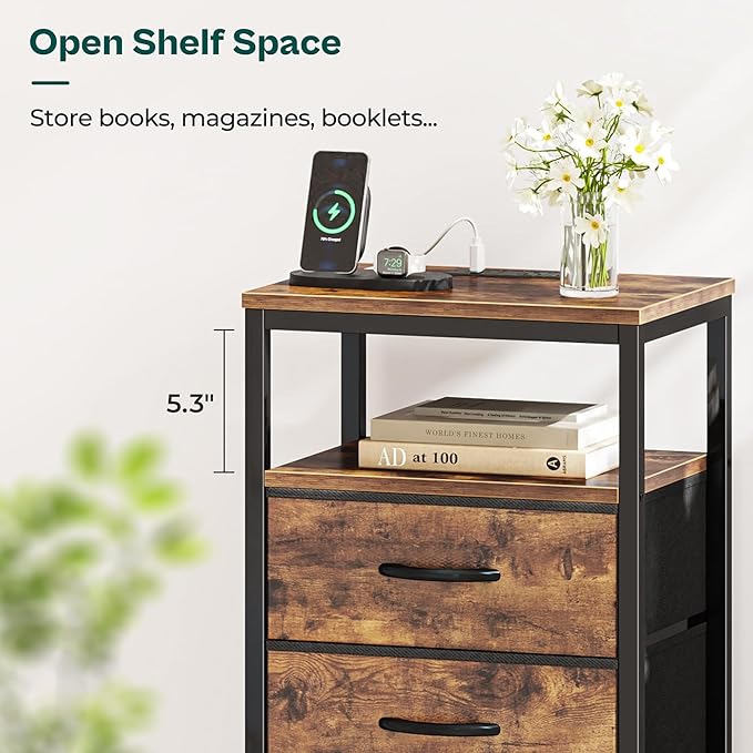 Huuger Nightstand with Charging Station, 27.6 Inch Bedside Table with Fabric - Image 3