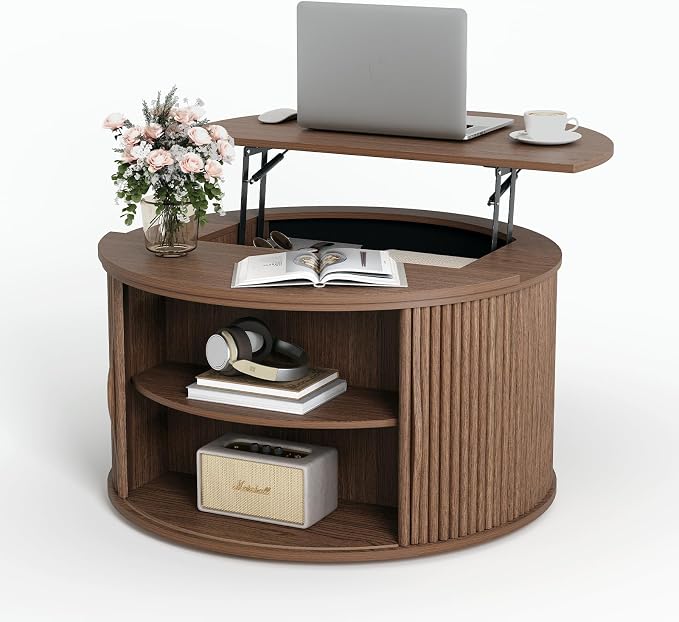 JOINICE 31.5" Round Lift Top Coffee Table, Mid Century Modern Walnut Center - Image 9