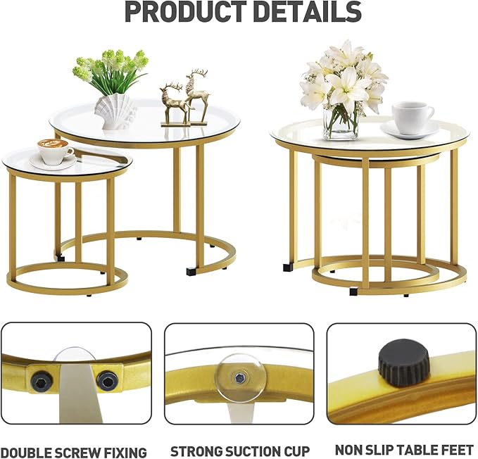 aboxoo Gold Nesting Coffee Table Set of 2, Small Glass Round Nesting Tables - Image 4
