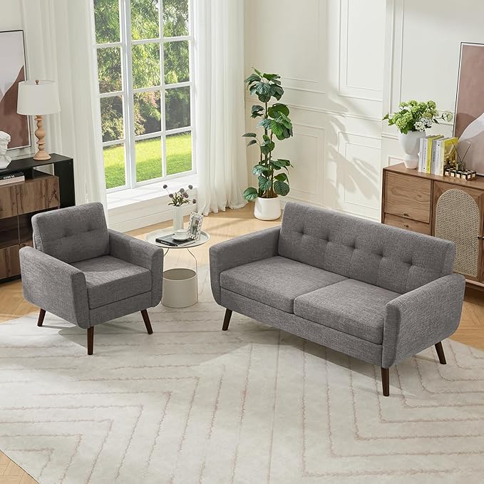 Tbfit Mid Century Modern Sofa Couch, Loveseat & Accent Chair | linen fabric by TBfit