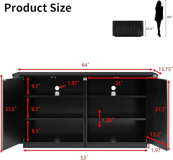 LKTART 64" Buffet Cabinet with Storage, Modern Fluted Accent Sideboard Media - Image 2