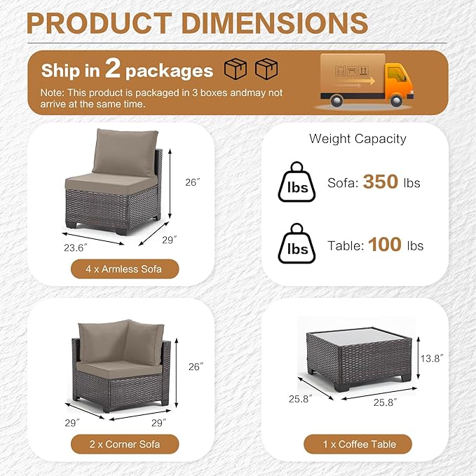 MOCHITO 7 Pieces Outdoor Patio Furniture Sets, All-Weather Sectional Sofa Dark - Image 5