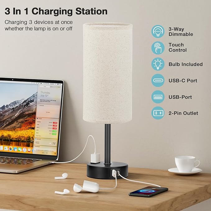 Fenmzee Beige Touch Table Lamp for Bedroom - Image 3