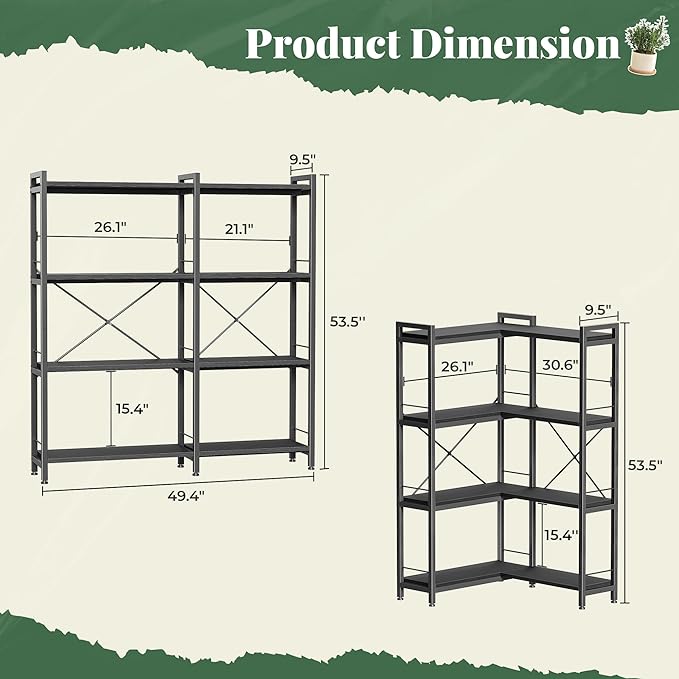 Huuger 4 Tier Bookshelf, L Shaped Corner Bookshelf - Image 2