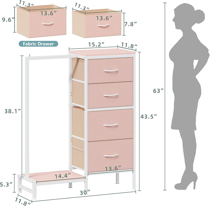 HIGDBFE Dresser with Hanging Rack, 4 Drawers Small Closet - Image 6