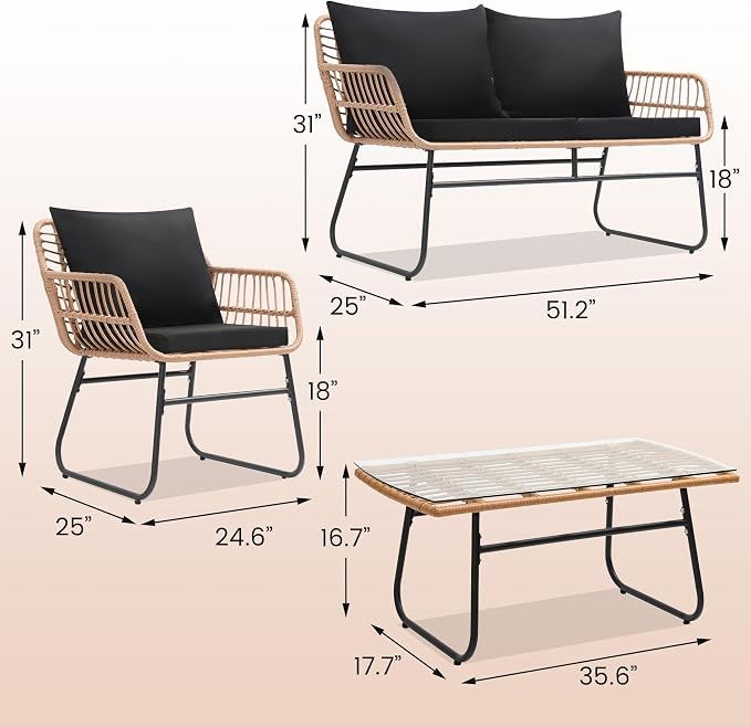 Kromax 4 Piece Patio Bistro Outdoor Furniture Set, Wicker Sofa, 2 Rattan Chairs - Image 6