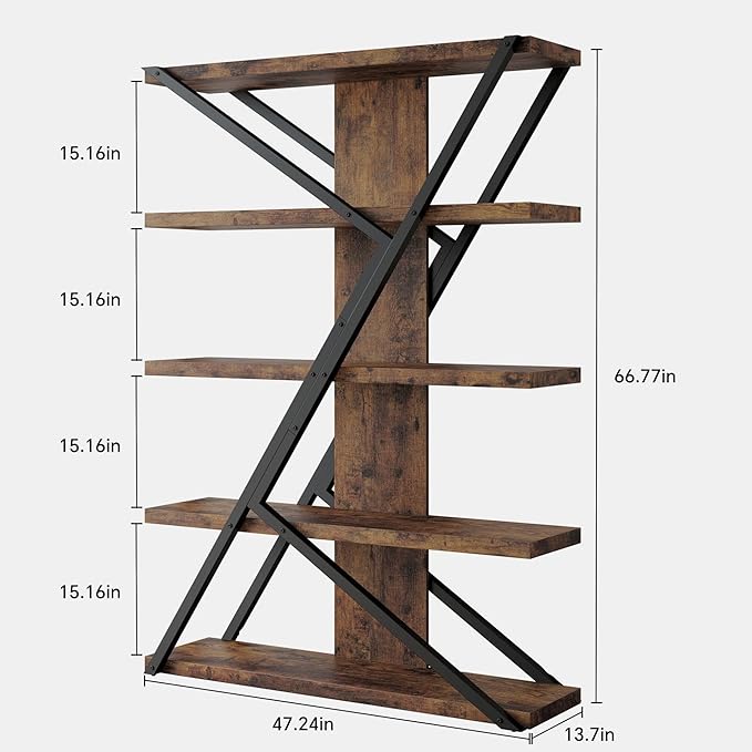 FUSUNBAO Industrial Bookshelf, Vintage 5-Tier Tall Bookcase - Image 2