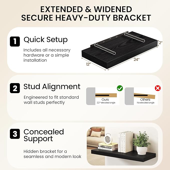 Black Floating Shelves 55Inch Long, 12 Inch Deep Floating Shelves - Image 6