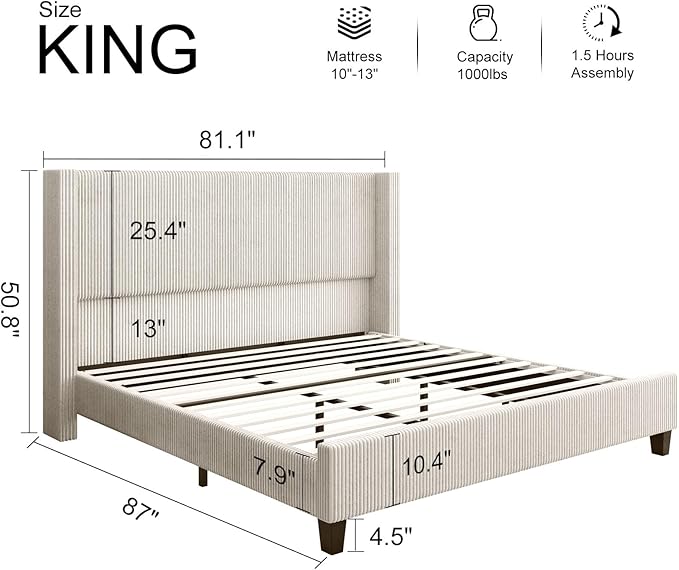 HOWE King Size Bed Frame with 50.8" Tall Wingback Headboard, Modern Corduroy - Image 2