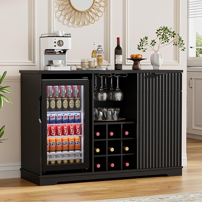 Coffee Bar Cabinet with Fridge, Fluted Wine Bar Cabinet with Wine Rack and by Unknown