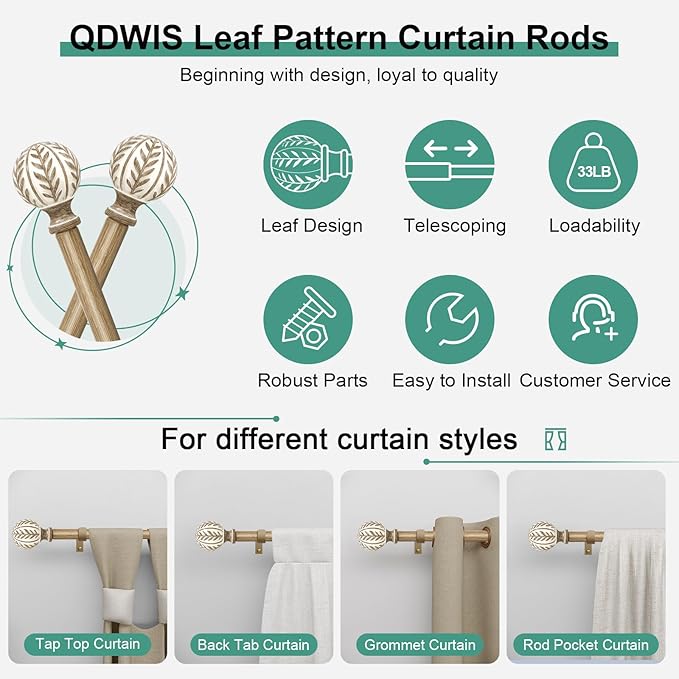 QDWIS Boho Wood Curtain Rods for Windows 28 to 48 inch, Rustic Decorative - Image 6