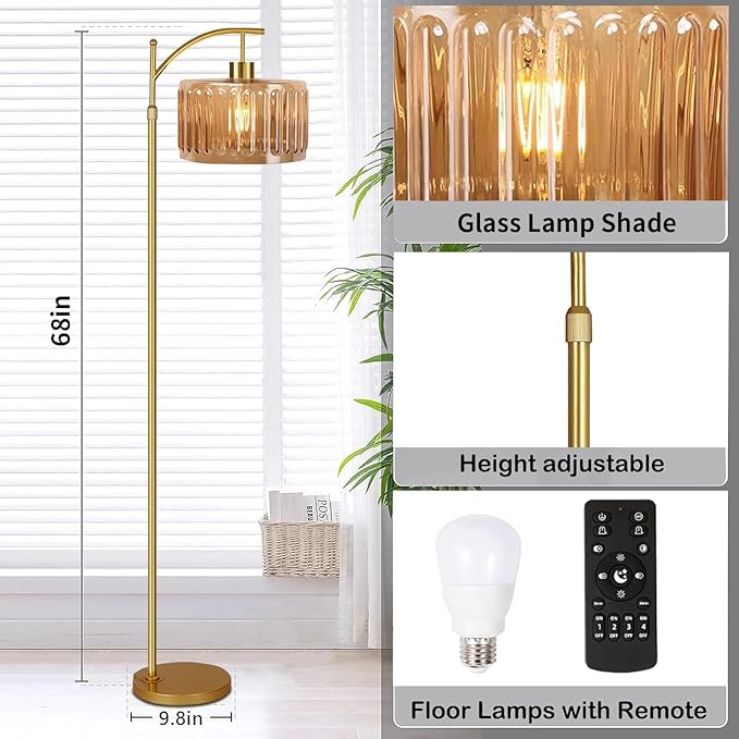 ILLMTW Glass Floor Lamp for Living Room, Dimmable Brass Tall Lamp Amber Flower - Image 5