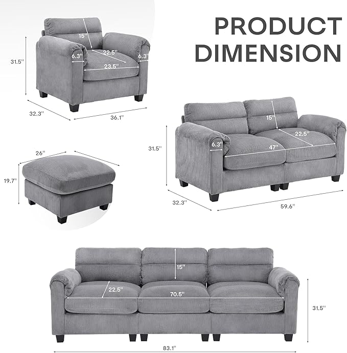 HAOMARKETS Corduroy 2-Piece Sofa Set, Upholstered Ottoman and 3-Seater Sofa - Image 2