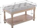 Farmhouse Storage Bench Wooden Entryway Linen Upholstered Ottoman Button Tufted - Image 2