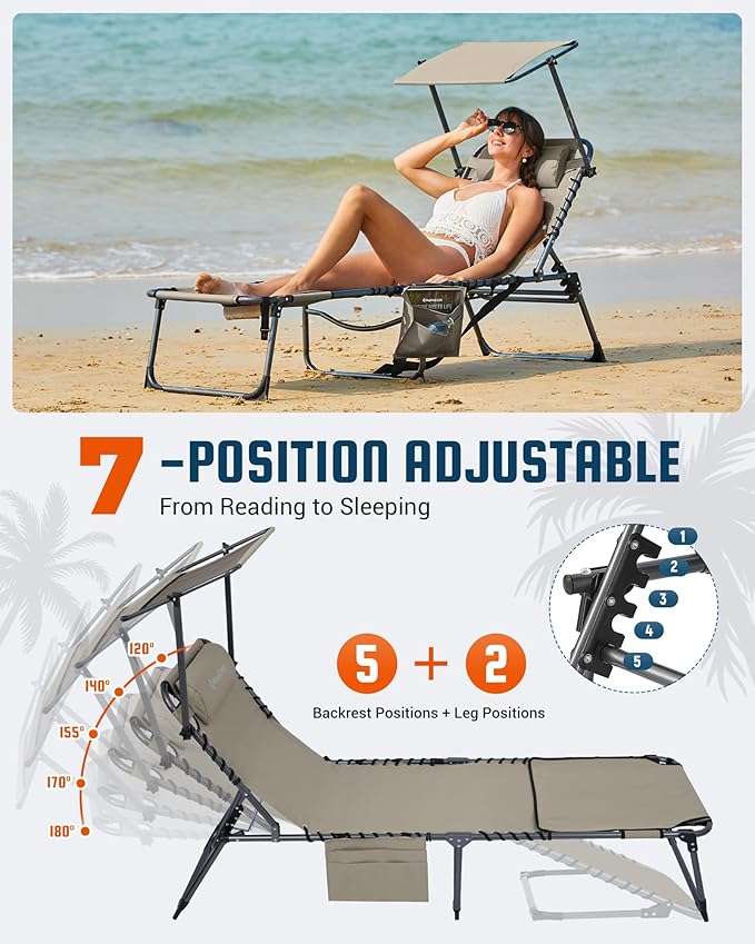 KingCamp Lounge Chair with face Hole & Canopy Shade, 400LBS Folding Portable - Image 6
