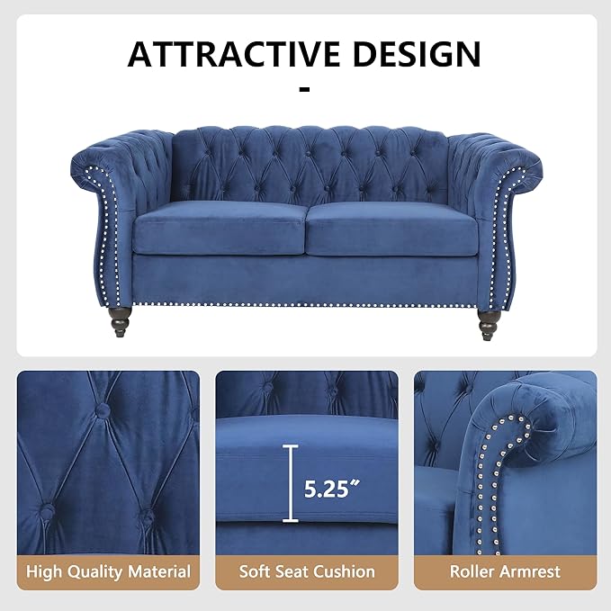 Chesterfield Loveseat Sofa, Modern Velvet Small Sofa Couch 2 Seater - Image 6