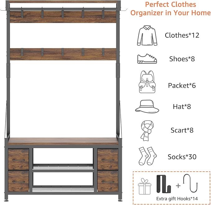 39" Hall Tree with Storage Coat Rack freestanding Entryway Furniture Bench - Image 8