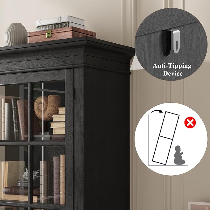 QUW Modern 65" Tall Display Cabinet, Farmhouse Curio Cabinets - Image 8