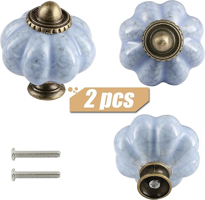 Blue Crackle Pumpkin Knobs 2 Pack Ceramic Cabinet Knobs Vintage Drawer Pulls - Image 2