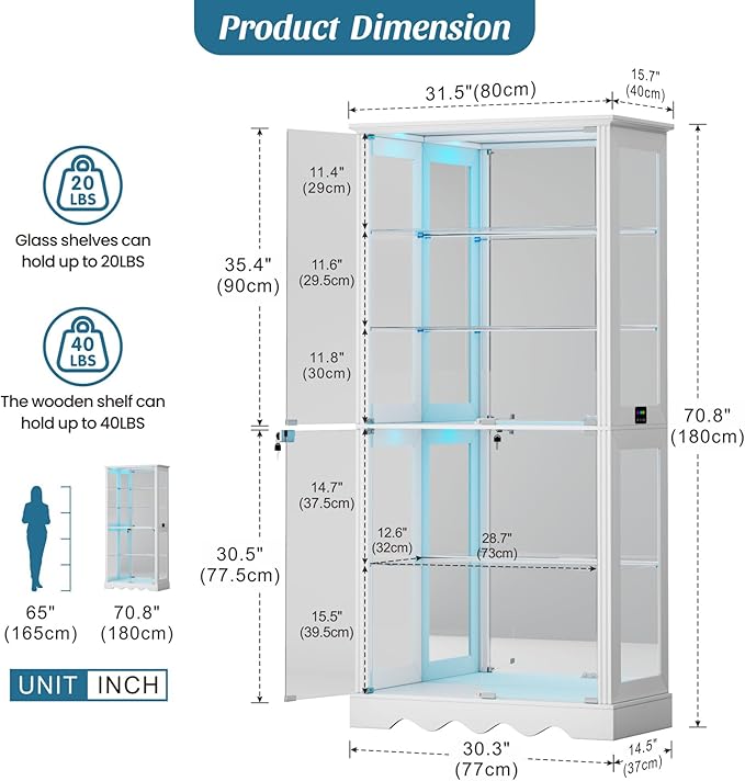 Dystler Display Cabinet with Glass Doors, LED Display Case with Removable Shelf - Image 2