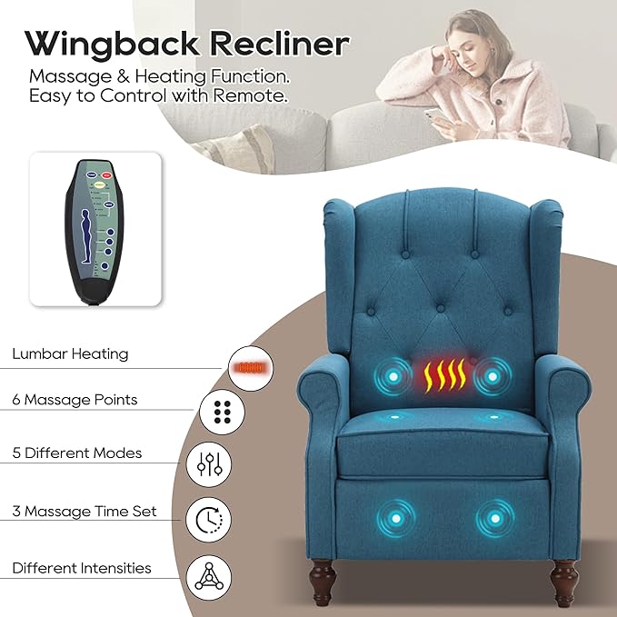 Wingback Recliner Chair with Massage and Heat, Tufted Fabric Push Back Recliner - Image 3