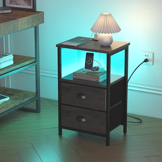 sthmec Nightstand with Charging Station, LED Night Stand Set of 2, Bedside - Image 4