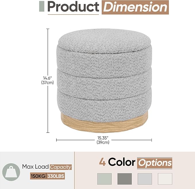 Round Storage Ottoman with Reversible Tray Lid, Folding Chenille Fabric - Image 3