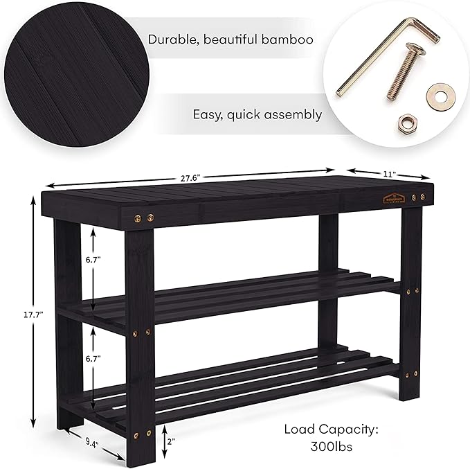Homemaid Living Bamboo 3 Tier Shoe Rack Bench, Premium Shoe Organizer or - Image 3