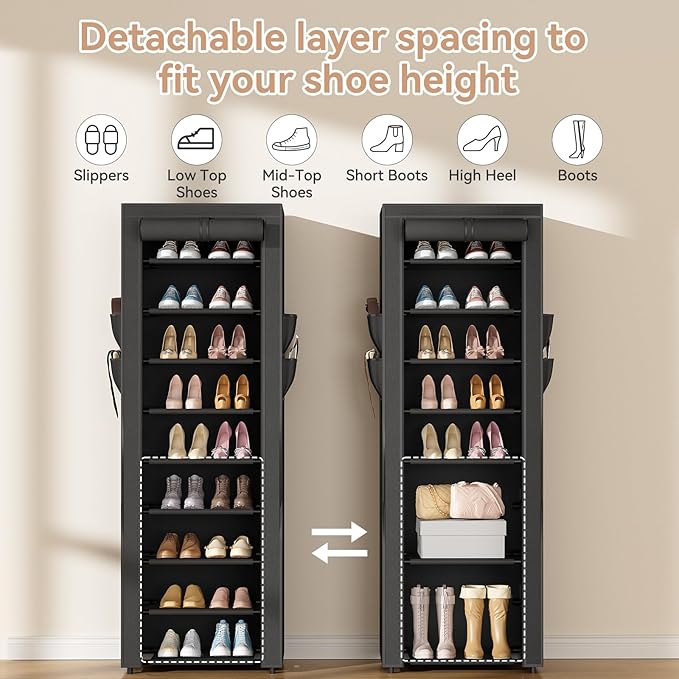 LANTEFUL Narrow Shoe Rack with Cover 10 Tier Tall Shoe Rack Organizer Large - Image 6