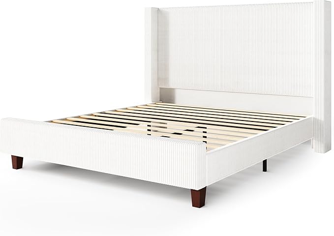 HOWE King Size Bed Frame with 50.8" Tall Wingback Headboard, Modern Corduroy - Image 8