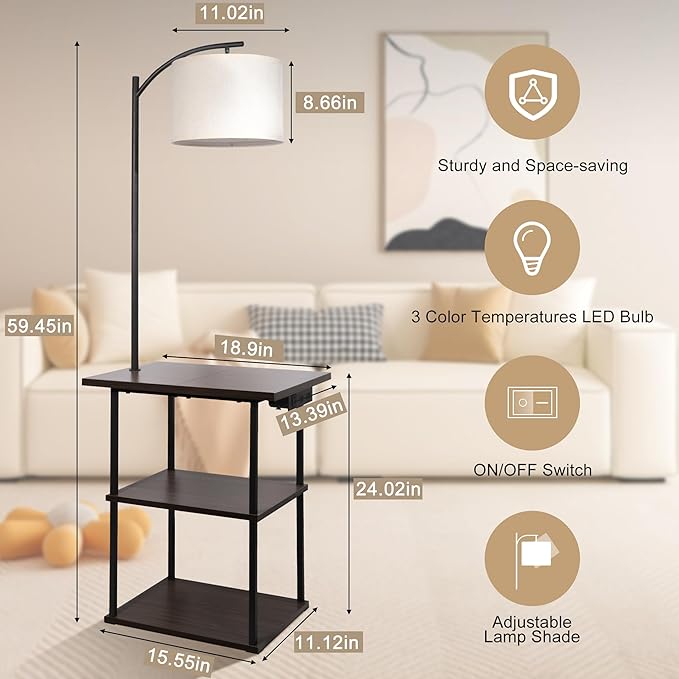 PESRAE Floor Lamp with Table, End Tables with Charging Station, 3 Color - Image 4