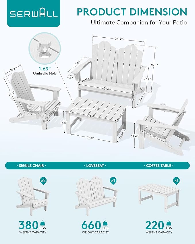 SERWALL 5 Pieces HDPE Patio Adirondack Chair Set, 2 Adirondack Chair - Image 2