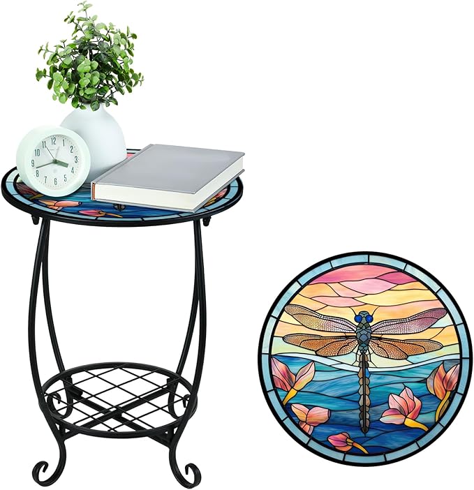 Cinnvoice Outdoor Side Table Round Small Mosaic Patio Accent Indoor End Plant - Image 6
