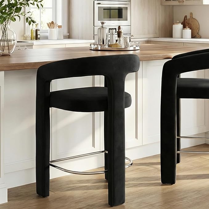 HNY 26 Inch Modern Tall Barrel Bar Stool, Velvet Upholstered Barstool by HNY