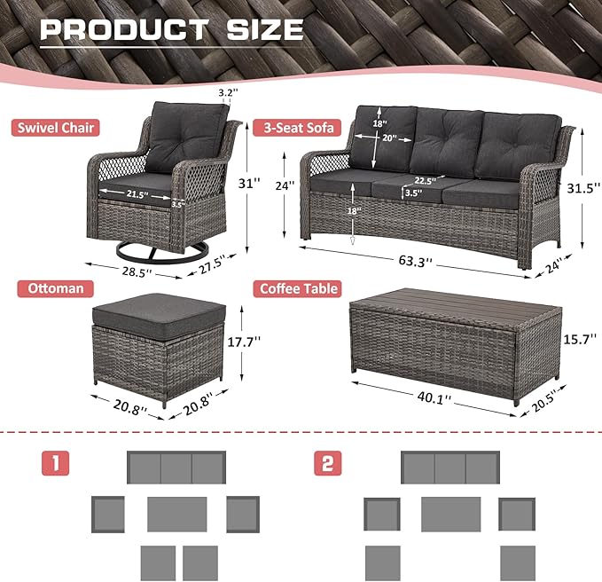 6 Pieces Wicker Patio Furniture Set Conversations Sets, 2 Outdoor 360° Swivel - Image 7