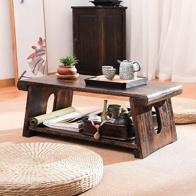Solid Wood Vintage Folding Japanese Tea Table, Foldable Low Table, 2-Tier - Image 4