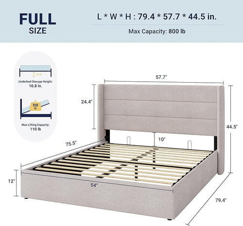 Allewie Full Size Lift Up Storage Bed, Modern Wingback Headboard, Hydraulic - Image 2