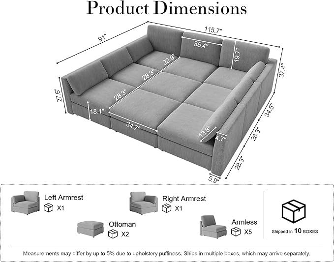 Oversized Modular Sectional Sleeper Couch, Solid Wood Frame, Removable Washable - Image 2