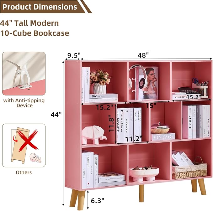 LEYAOYAO 10 Cube Bookshelf, 3 Tier Modern Wide Bookcase - Image 2