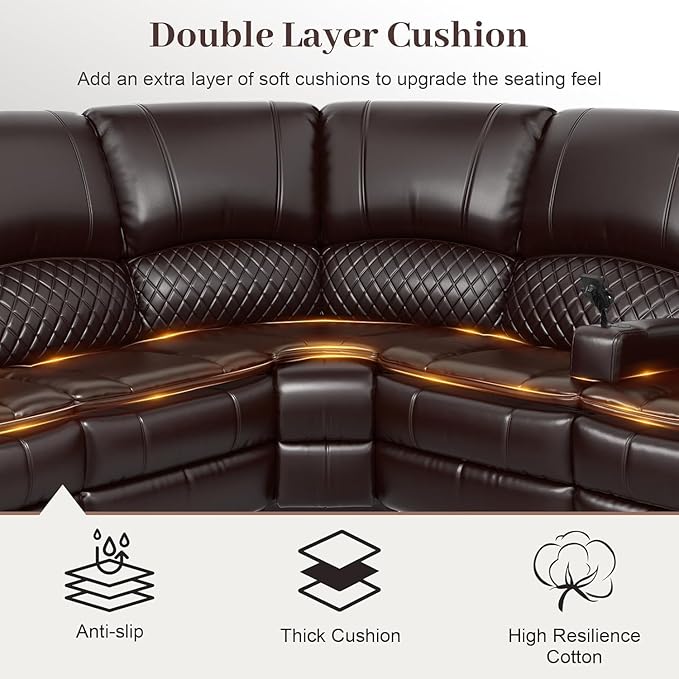 Yolsali Manual Reclining Sectional Sofa Set, 6 Seats Soft Leather Recliner - Image 4