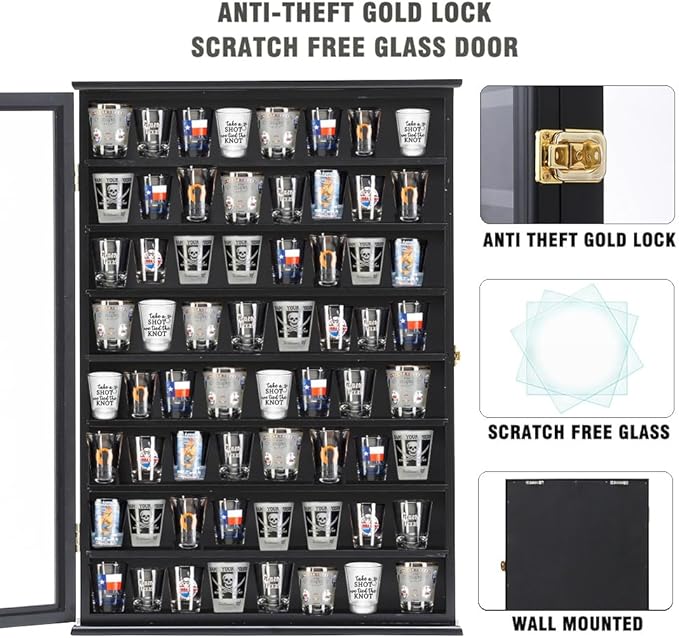 Shot Glass Storage Display Case Large Solid Wood Cabinet Rack Holder Wall - Image 3
