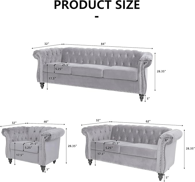 RARZOE 3 Pieces of Living Room Furniture Sofa Sets, Modern Velvet Chesterfield - Image 2