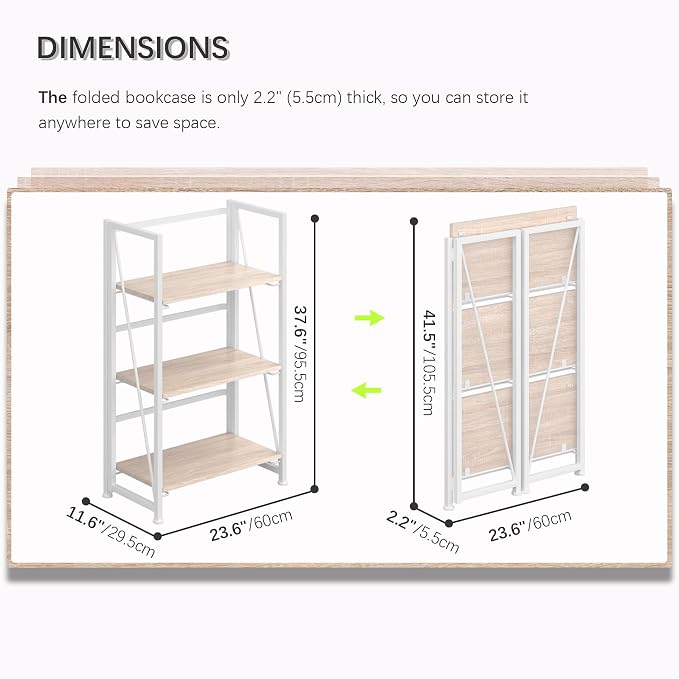 4NM No Assembly Folding Bookshelf Storage Shelves 3 Tiers Vintage Bookcase - Image 2