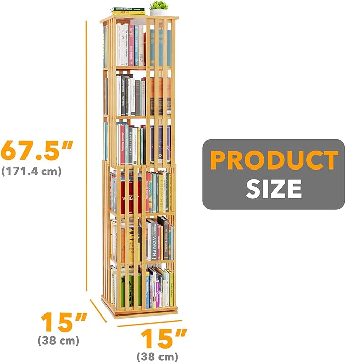 SpaceAid 6 Tier Rotating Bookshelf Tower, Bamboo Spinning Book Shelf, Revolving - Image 2