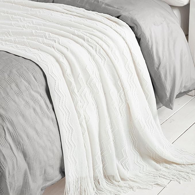 BOURINA Off White Throw Blanket 50 x90 Inches Throw Textured Solid Soft Sofa - Image 3