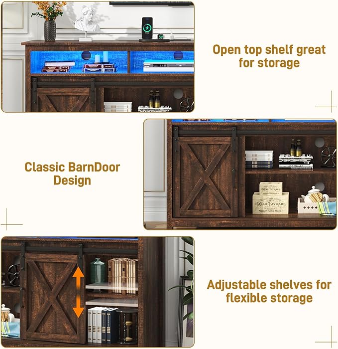 LED Farmhouse TV Stand for 65 inch TVs, Rustic Entertainment Center TV Cabinet - Image 3