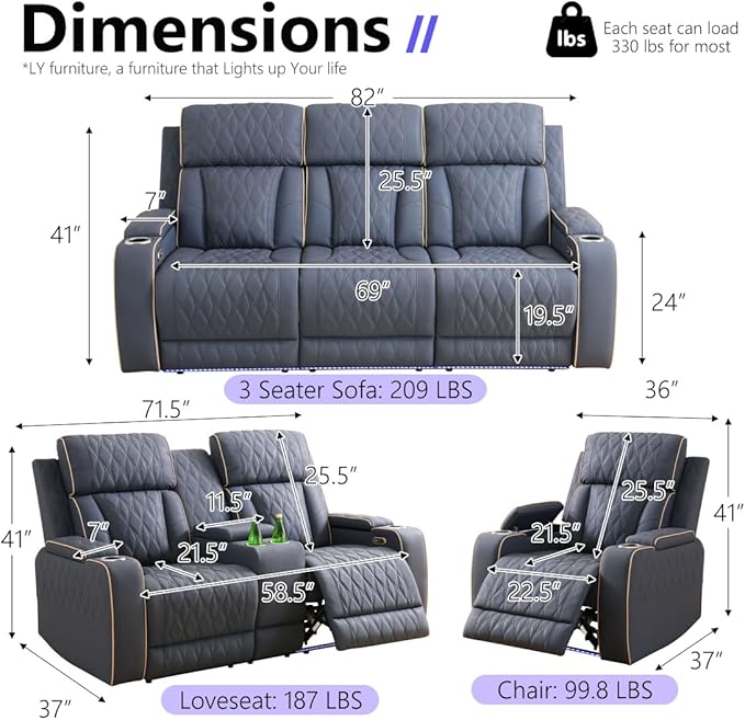 Power Reclining Sofa Set, Living Room Furniture Sets, Leather Recliner Loveseat - Image 2