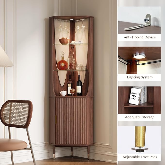 JOINICE 70" Tall Corner Bar Cabinet, Mid-Century Modern Fluted Storage Cabinet - Image 3